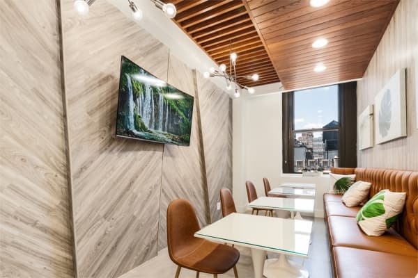 Café-style lounge and kitchenette at EONY's Midtown day offices